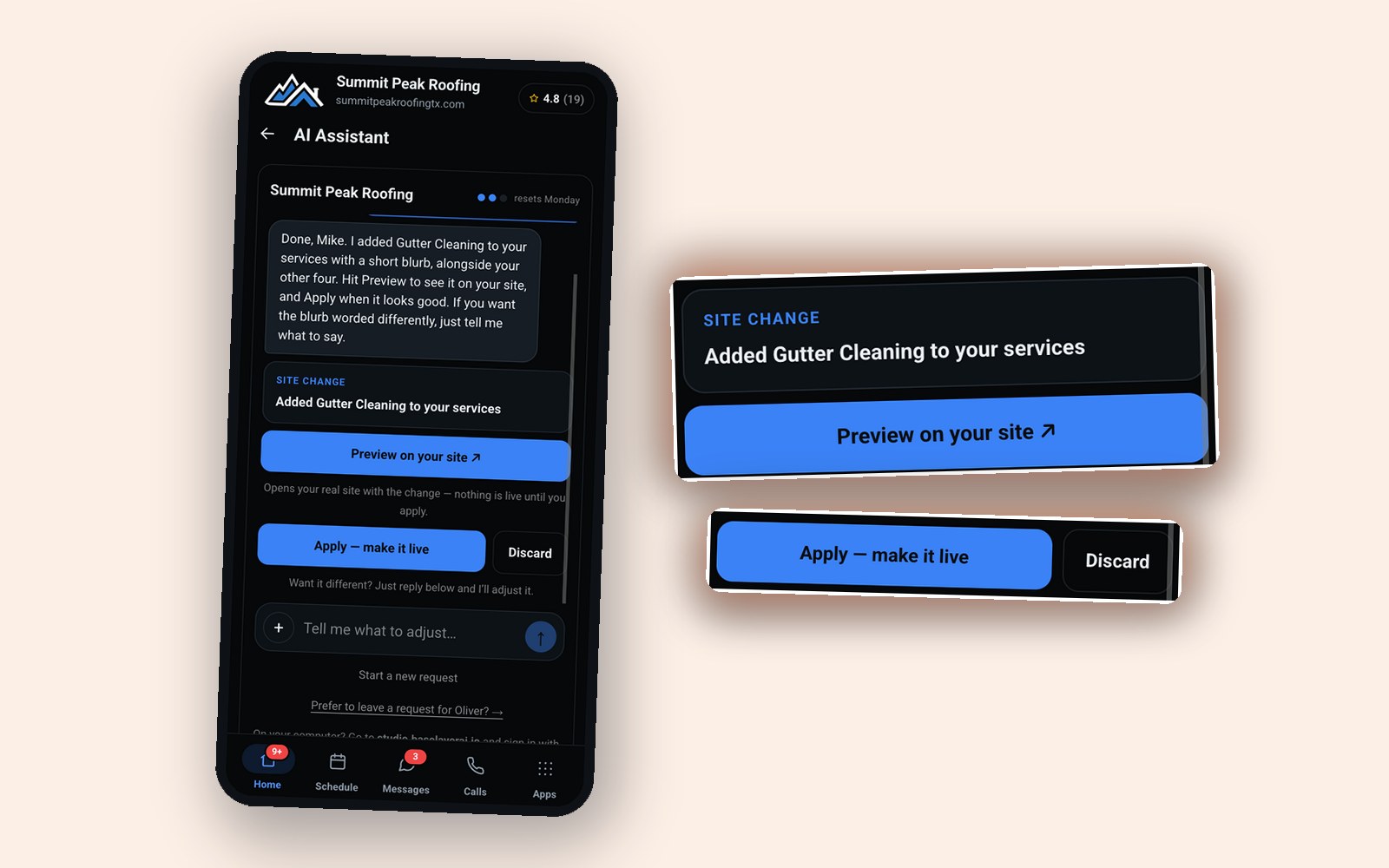 AI assistant staging a site change, ready to preview