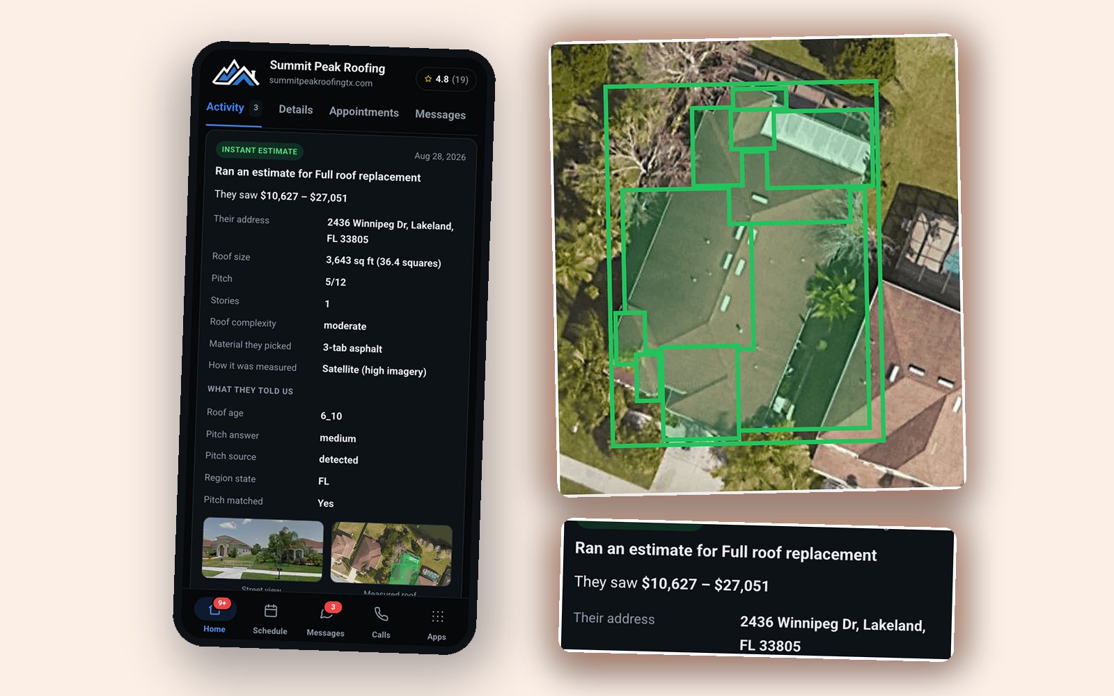 A lead’s site-visit journey and estimate detail